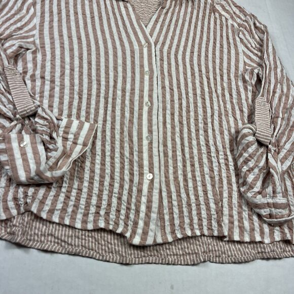 Jane + Delancey Textured Crinkle Button Down Shirt Striped Long Sleeve Coastal S - Picture 2 of 10